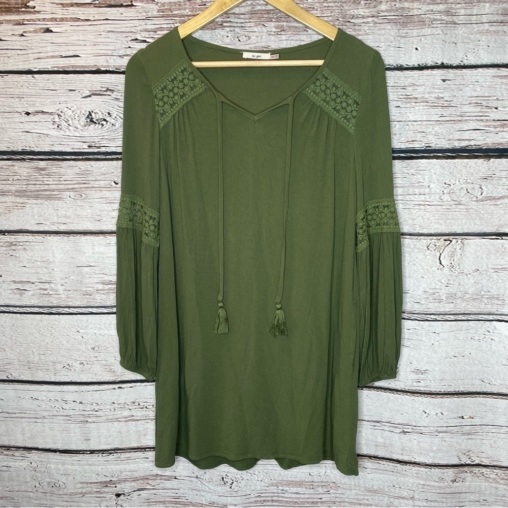 Mi Ami Francesca’s Olive Green Long Sleeve‎ Boho Tunic Tassels Pockets XXS Lined